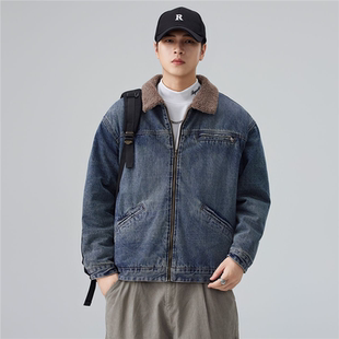 底特律重磅羔毛复古做旧牛仔棉服男宽松加厚保暖工装外套