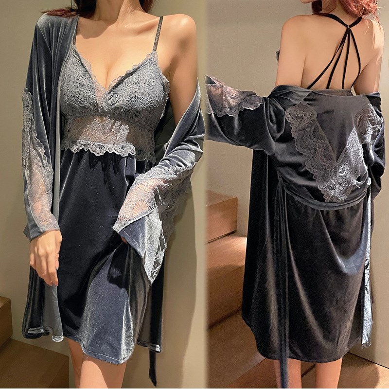秋冬金丝绒睡衣女蕾丝性感镂空美背保暖小胸聚拢情趣吊带睡裙套装