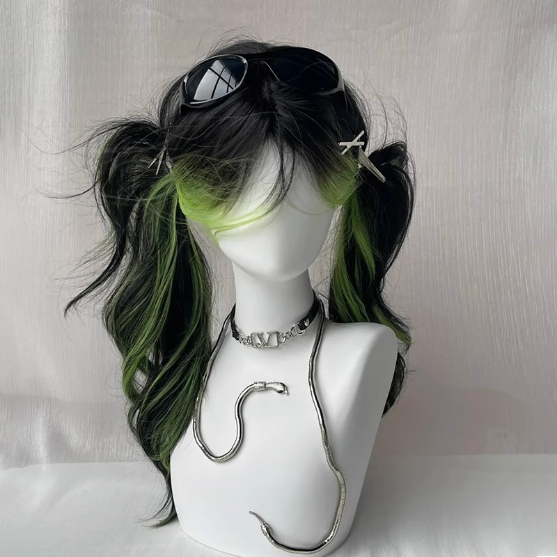 闪格假发绿色挑染假发长卷发