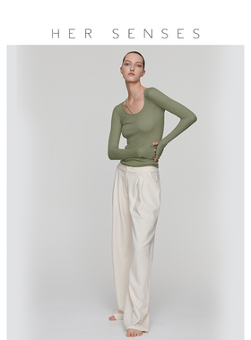 HER SENSES/何识时装系列水溶羊毛圆领一字带毛衣新款苔灰色 C017