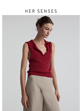 HER SENSES/何识时装系列翻领深V设计无袖针织背心HTT38