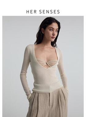 HER SENSES/何识时装系列透感深V罗纹套衫内搭外穿皆可WPO45