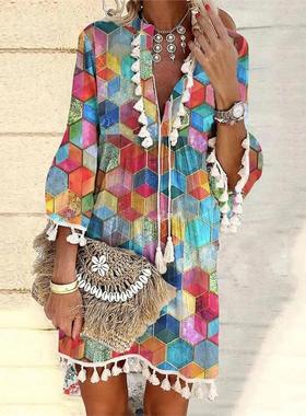 菱形纹流苏连衣裙 Allover Geometric Print Tassel Decor Dress