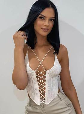 Cropped Cropped Fishbone Knit Tank Top镂空鱼骨系带毛衣小背心