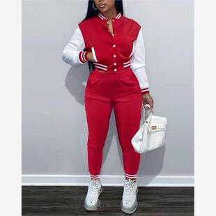 Bomber Jacket & Striped Trim Pants Set拼接长袖外套裤子两件套