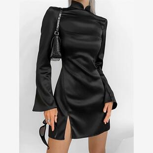 short back open 漏背短裙 立领修身 连衣裙小众长袖 skirt法式 Sexy
