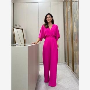 neck Bat Sleeve V领蝙蝠袖 Lace Jumpsuit 露背系带连体裤