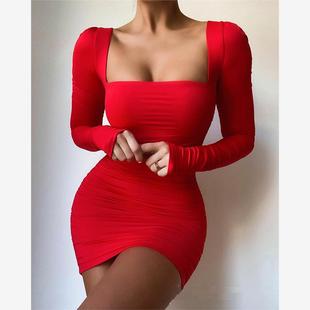 Red tight party dress长袖红色方领抽褶性感紧身派对连衣裙秋款