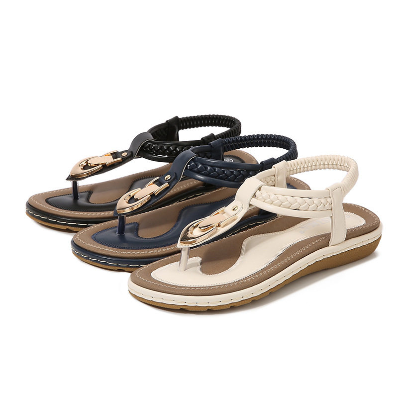 底金扣夹趾凉鞋女夏季休闲2021新品防滑平跟简约PU百搭轻便耐磨软