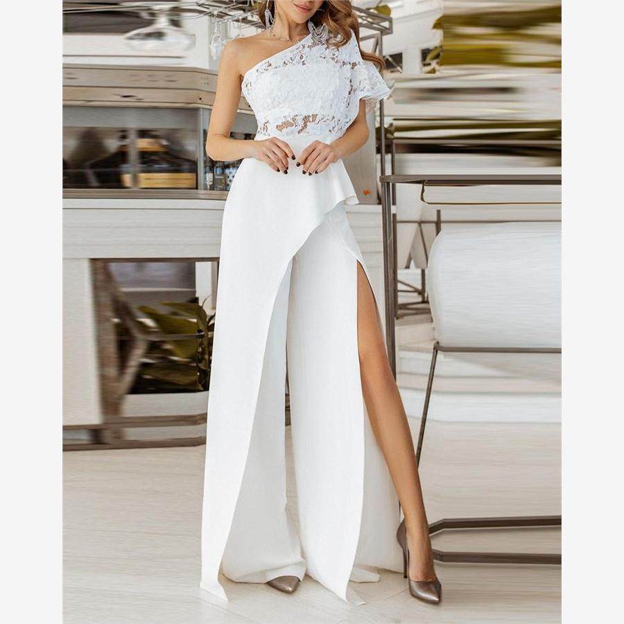 单肩露肩蕾丝拼接开叉连体裤 Contrast Lace High Slit Jumpsuit,女装/女士精品,连体衣/裤,淘宝优惠券,粉丝福利购,淘宝优惠卷