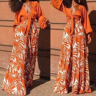 印花裤子V领上衣长袖两件套 Printed Pants V-neck Top Set
