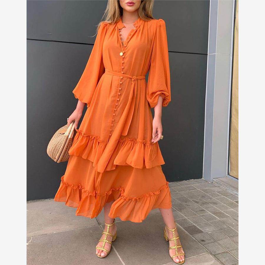 Ruffles Frill Hem Lantern Sleeve Button Dress荷叶边连衣裙