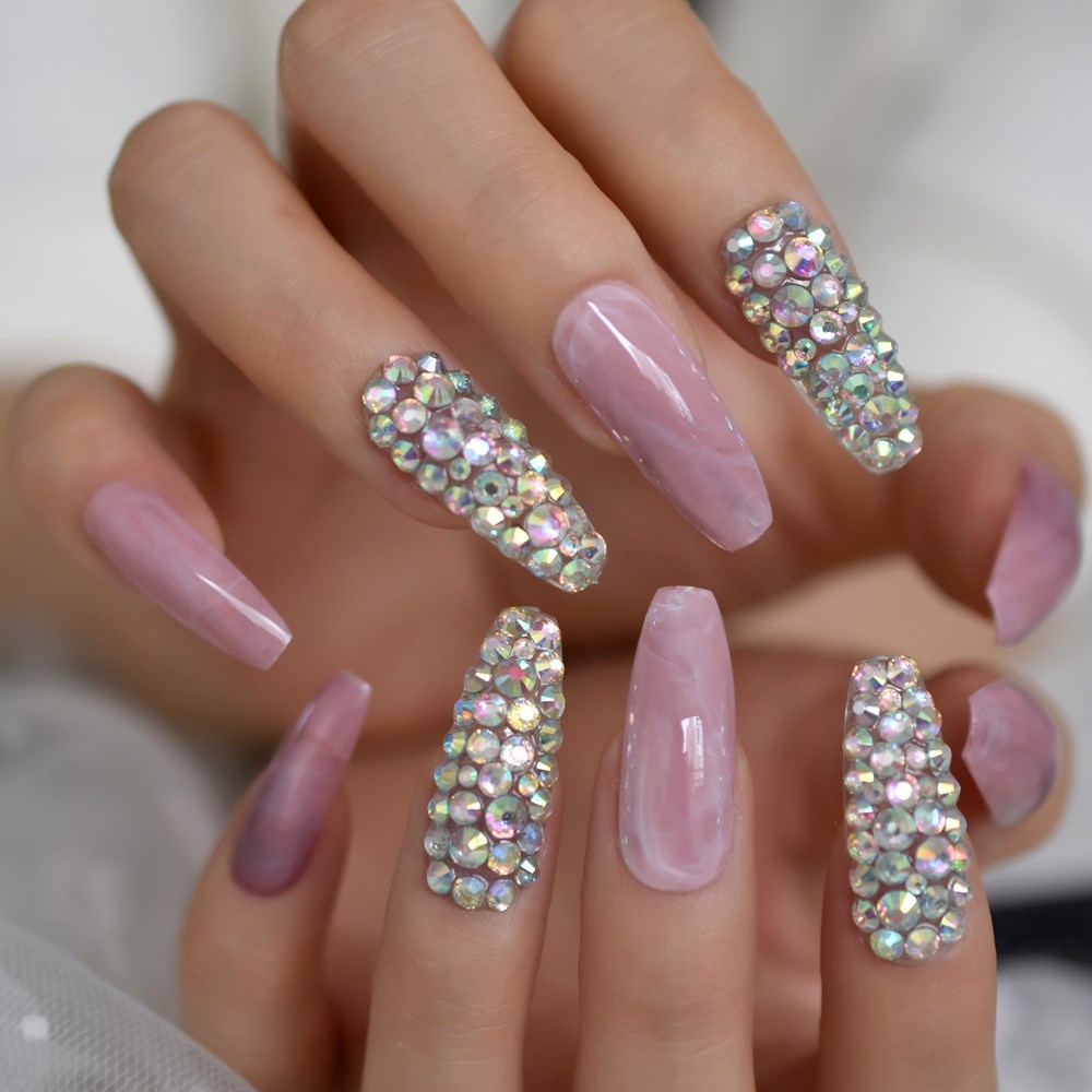 Gorgeous Rhinestone Decorative Fake Nails Marble Pink Grey