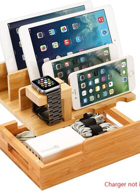 Cell Phone Tablet Holder Bamboo Wood Charging Station Cable