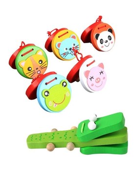 Baby Wooden Castanet Clapper Handle Rattle Toy Cartoon Kids