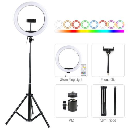 33cm RGB Dimmable Ring Lamp LED Selfie Light Ring with Tripo