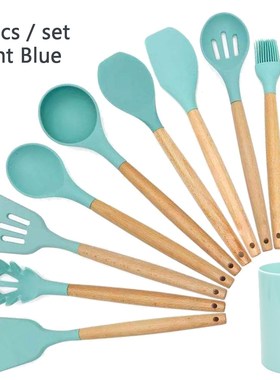 Best Silicone Cooking tensil Set Wooden Handle Spatula Soup