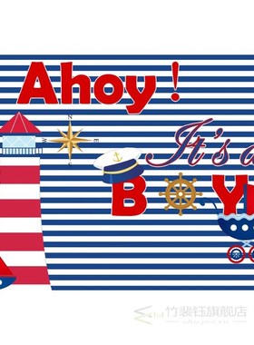 7x5FT Navy Blue Nautical Ahoy It's a Boy Baby Shower Party B