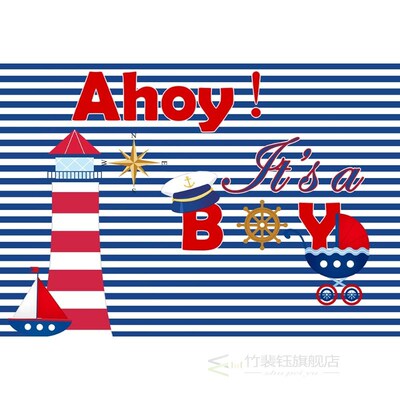 7x5FT Navy Blue Nautical Ahoy It's a Boy Baby Shower Party B