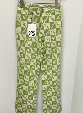 SCULPTOR花朵印花棋盘格松紧修身微喇叭裤女休闲长裤