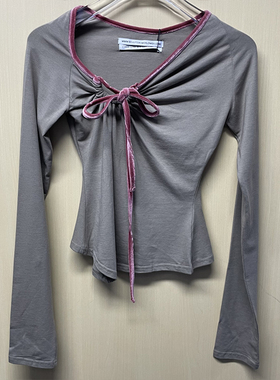 SCULPTOR小众设计斜领口丝绒镶边长袖T恤女士修身内搭打底衫上衣