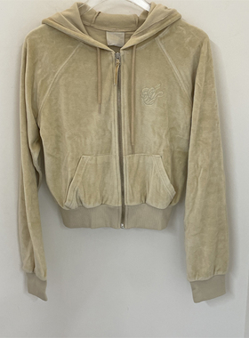 SCULPTOR 早春经典logo刺绣字母丝绒拉链连帽衫女修身短款