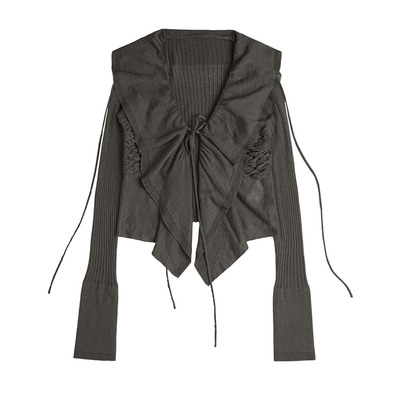 OJOS 废土风复古荷叶边V领针织开衫毛衣外套