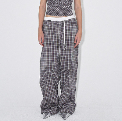 Polysooem 韩国小众设计感拼接格纹宽松拖地休闲裤慵懒百搭