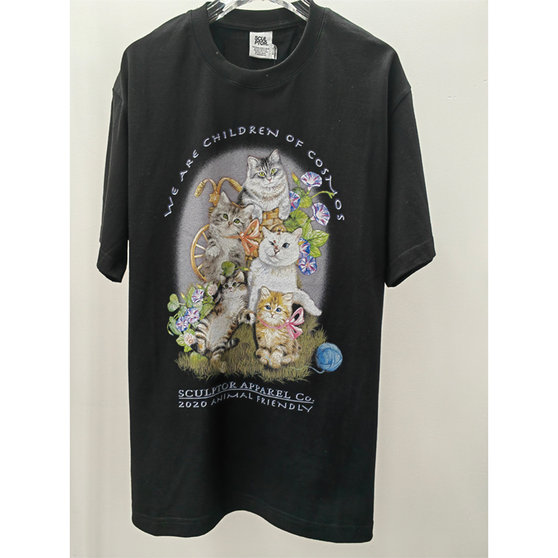 SCULPTOR 谢可寅张艺凡同款经典猫狗印花宽松短袖T恤女春夏外穿