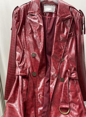 SCULPTOR90年代复古亮面鳄鱼纹路皮大衣长款女秋冬高级感pu皮外套