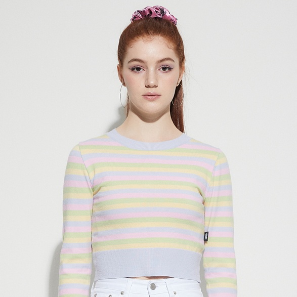 LUVISTRUE 撞色条纹圆领短款长袖针织衫