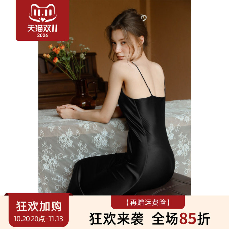 真丝缎面气质吊带连衣裙女长裙显瘦桑蚕丝睡衣女长款性感纯欲睡裙