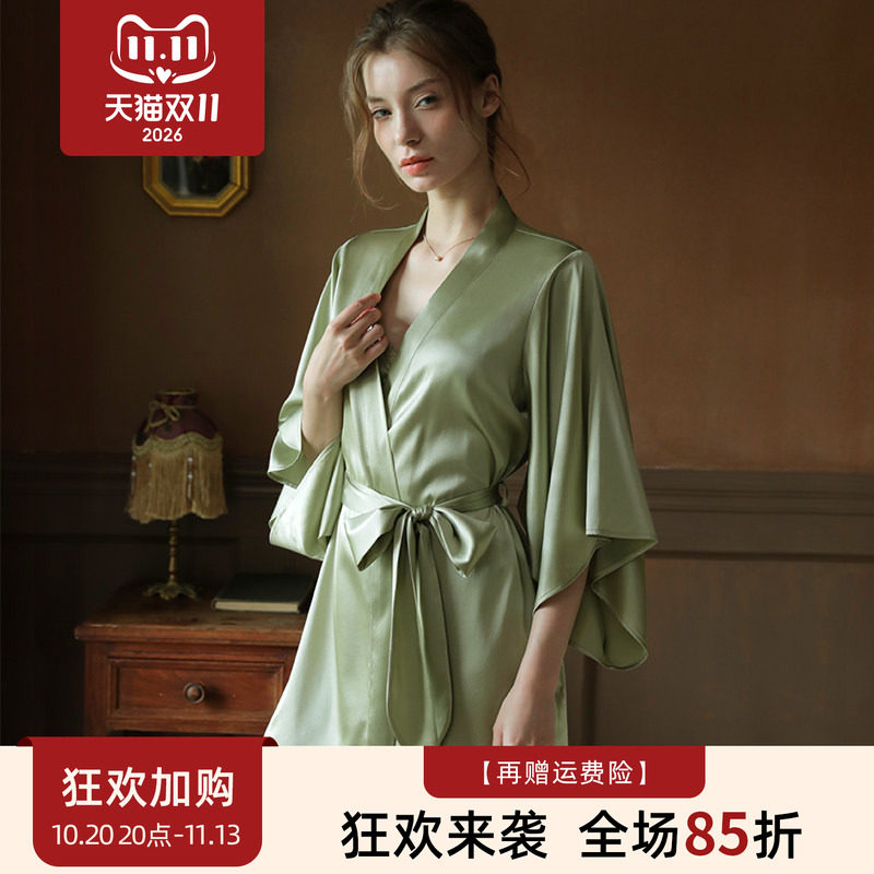 2025年新款牛油果绿真丝婚礼晨袍浴袍桑蚕丝睡衣女丝绸睡袍家居服