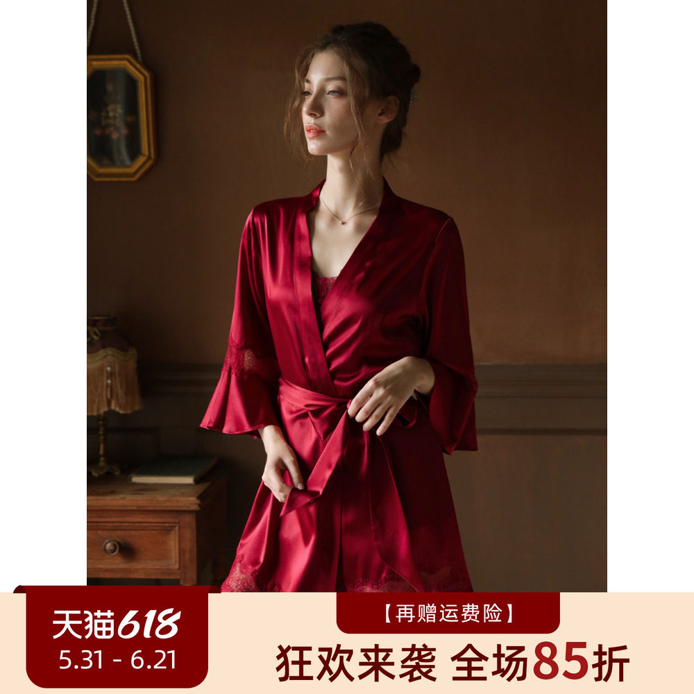 新娘本运年红色蕾丝女士真丝睡袍睡衣家居服结婚晨袍桑蚕丝浴袍