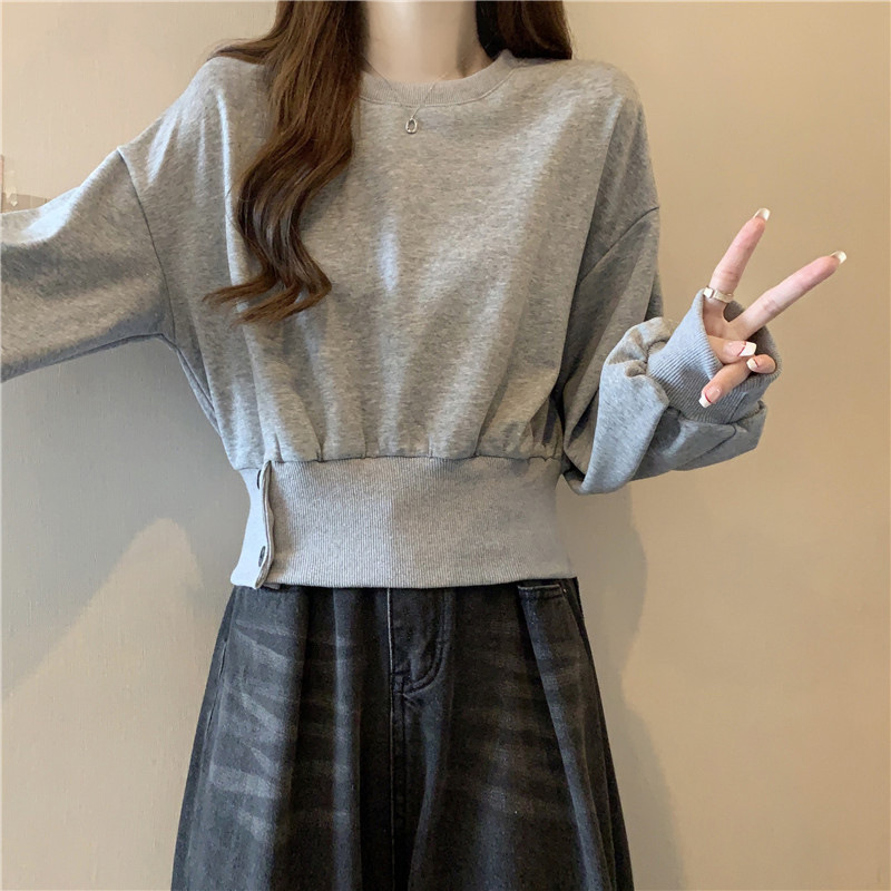 欧美实拍短款收腰长袖卫衣女春秋季薄款宽松无帽扣子上衣外套加绒