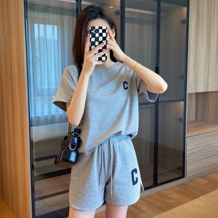 女夏薄款 刺绣盐系宽松大码 灰色运动套装 2025年新款 两件套 短袖 短裤