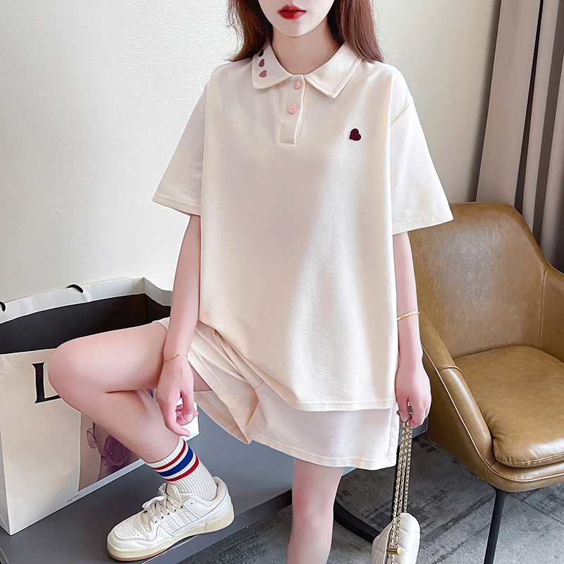 美式实拍珠地棉休闲套装女夏刺绣花翻领运动学生大码胖MM女装