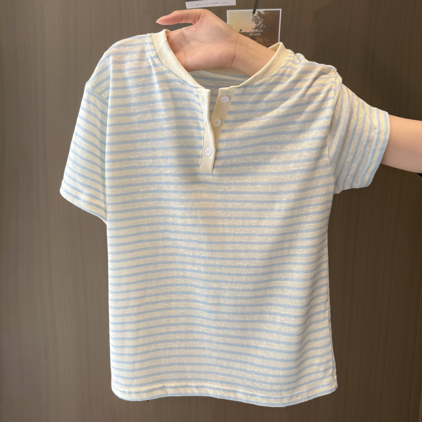 外贸实拍纽扣半开领条纹短袖T恤女夏季宽松韩版大码上衣