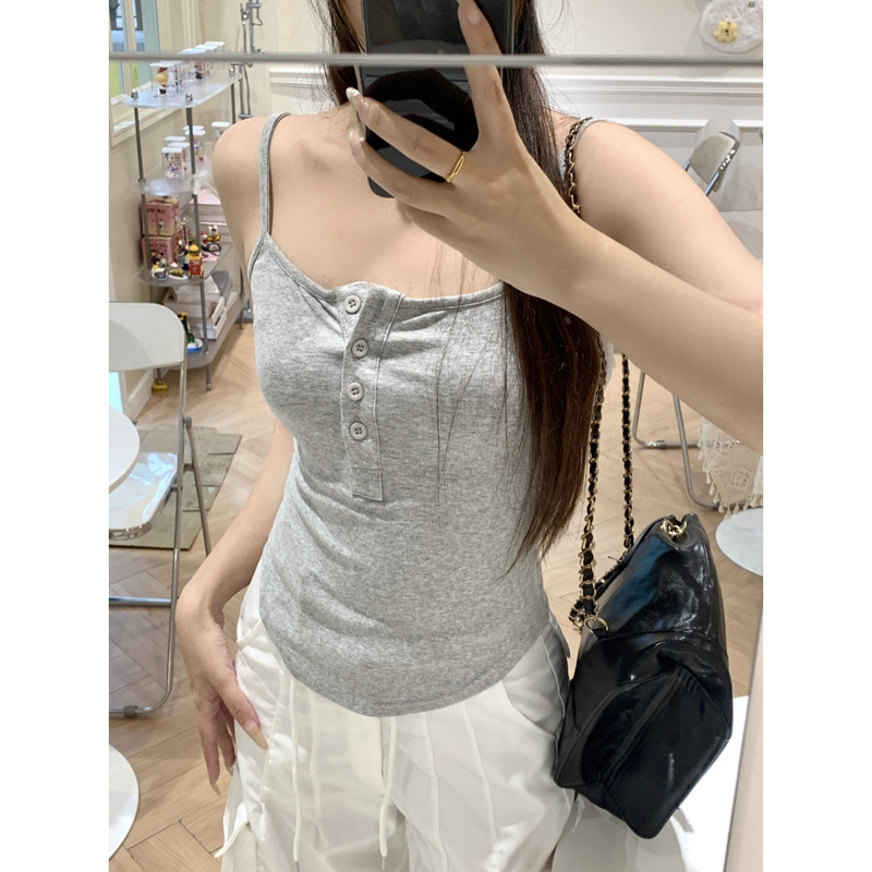 外贸实拍纯棉背心小吊带女夏季纽扣修身短款内搭外穿运动纯色上衣