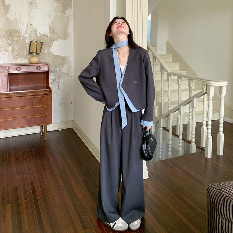 实拍深灰色气质西装套装女2025初春新款撞色飘带外套阔腿裤两件套
