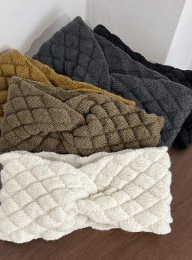 护脑门发带冬季毛线交叉宽版束发带法式气质菱格洗脸外戴韩国头饰