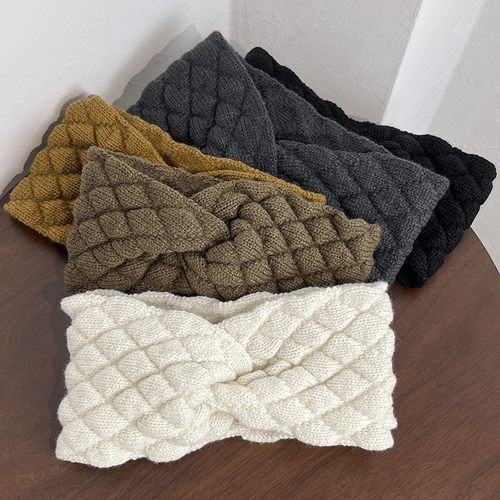 护脑门发带冬季毛线交叉宽版束发带法式气质菱格洗脸外戴韩国头饰