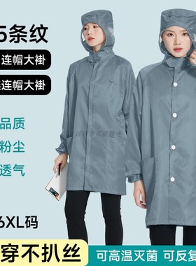 连帽防静电防尘大褂纽扣塑料拉链可过检测灰色条纹洁净无尘服工衣