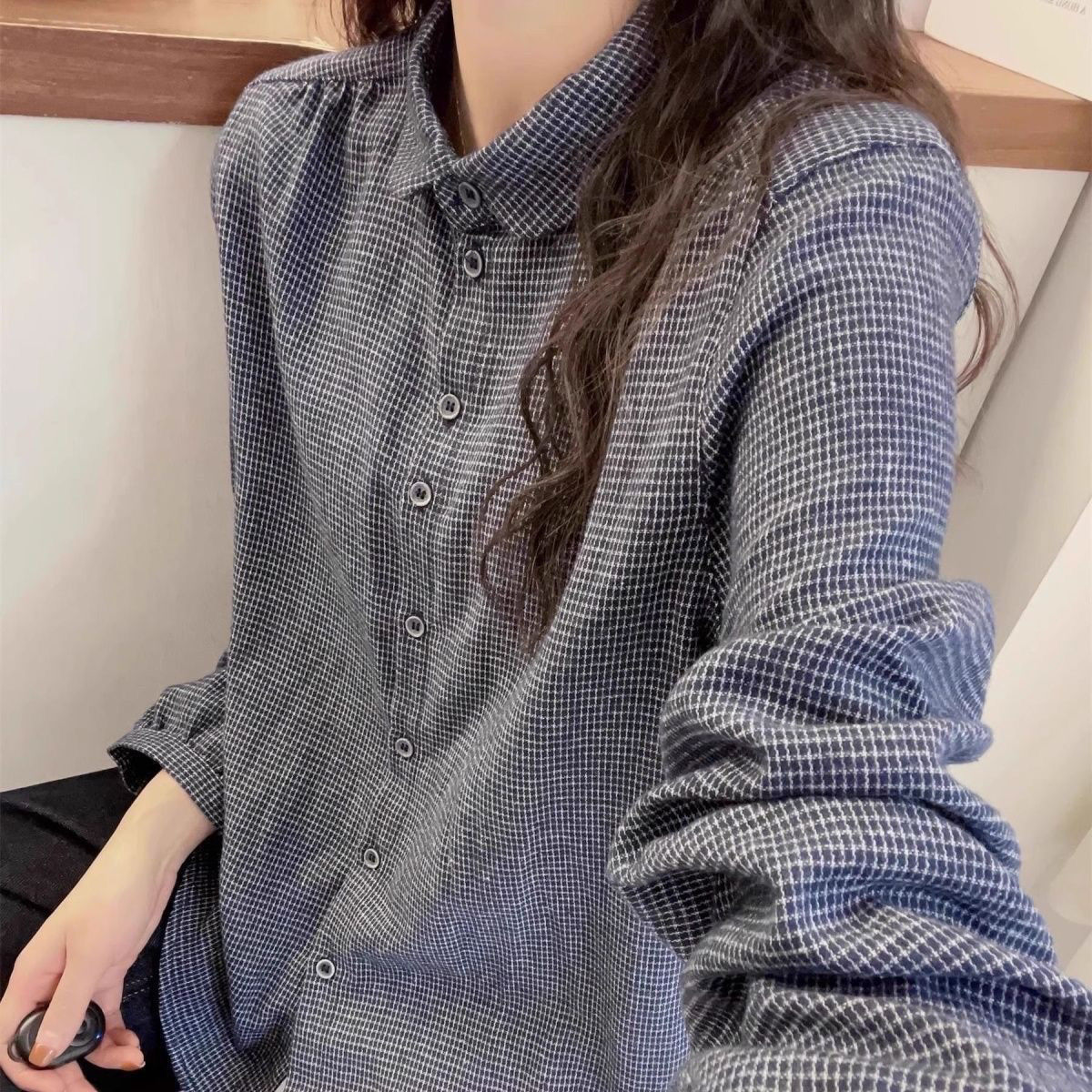 欧货小格子长袖衬衫女士2025秋季新款文艺复古灯笼袖翻领开衫衬衣