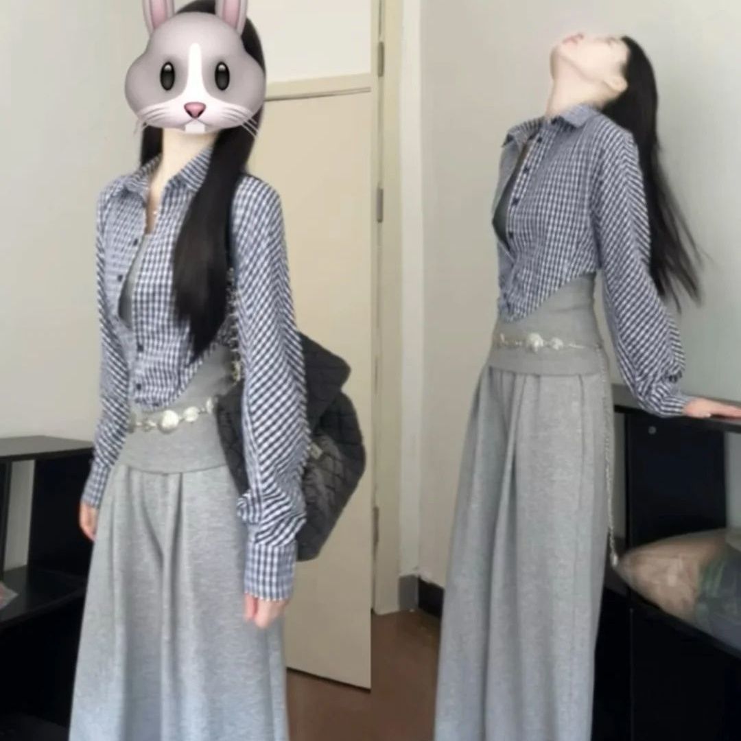 2025秋季新款套装女韩系辣妹拼接假两件衬衫上衣高腰阔腿裤两件套