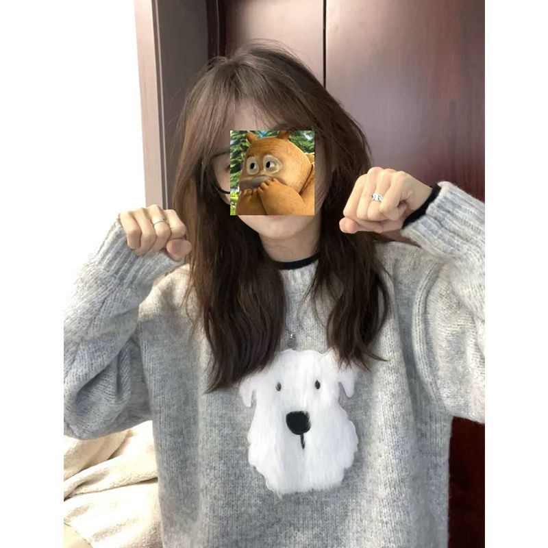 秋冬季卡通毛绒小狗重工灰色毛衣女韩系奶fufu宽松慵懒风套头上衣