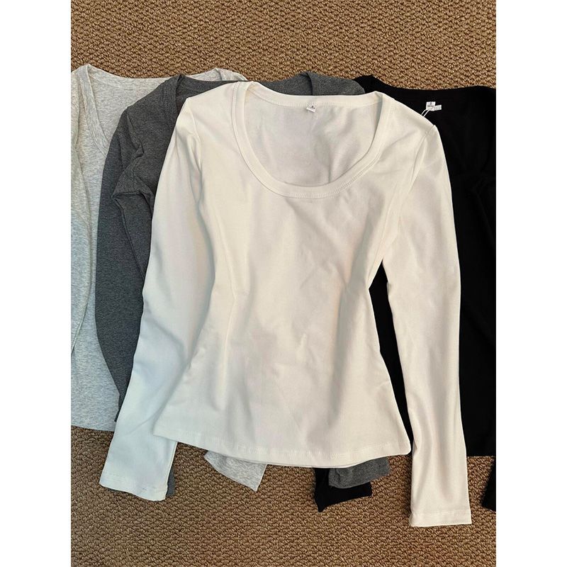 白色正肩U领纯棉长袖t恤女春秋新款修身显瘦洋气纯欲风打底衫内搭