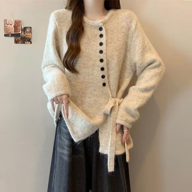 韩系设计系带针织秋冬气质新款显瘦宽松毛衣长袖不规则外套上衣