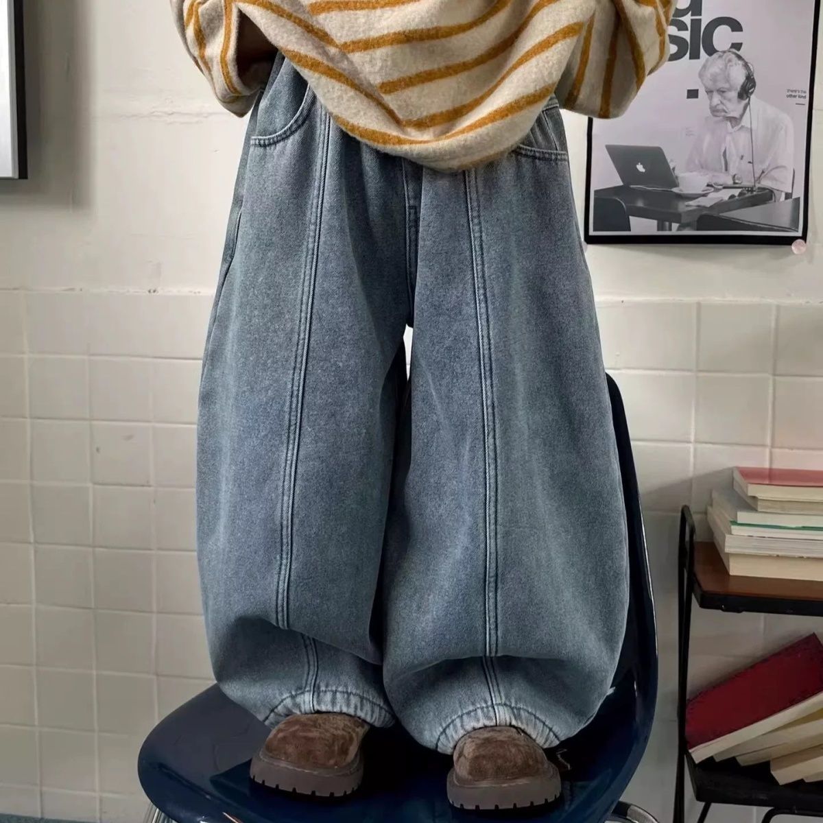 男童加绒牛仔裤秋冬款2025新款儿童宽松阔腿裤男孩痞帅加厚直筒裤