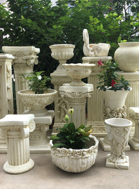 欧式罗马柱摆件边几落地装饰仿石膏复古花架花园花盆底座婚庆路引